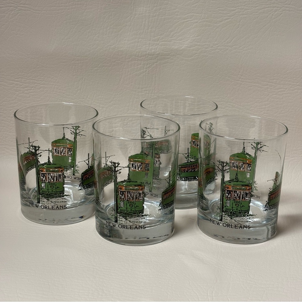 Set of 4 New Orleans St Charles Streetcar Trolley Old Fashioned Glass Tumbler